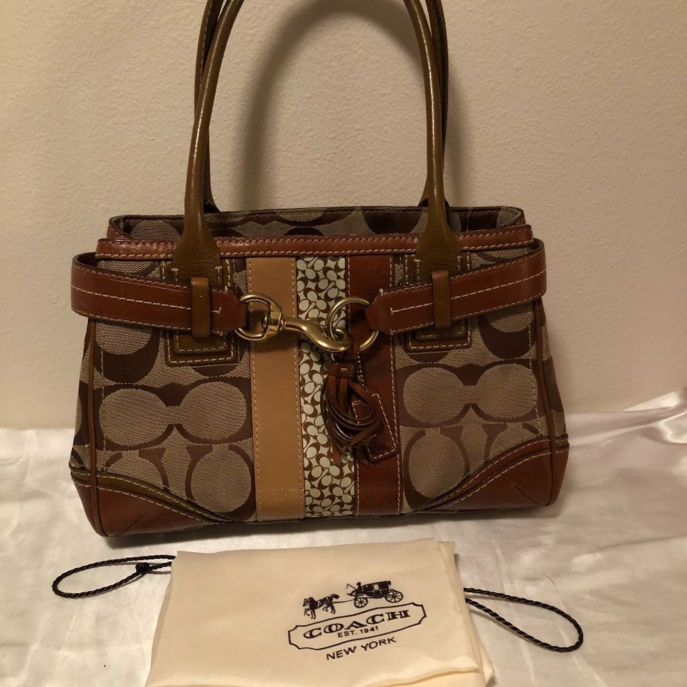 Coach Signature Collection Handbag - Brown/Khaki leather with jacquard fabric